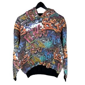 Mens Y2K Massive Brand All Over Print Graffiti Abstract Hoodie Size S